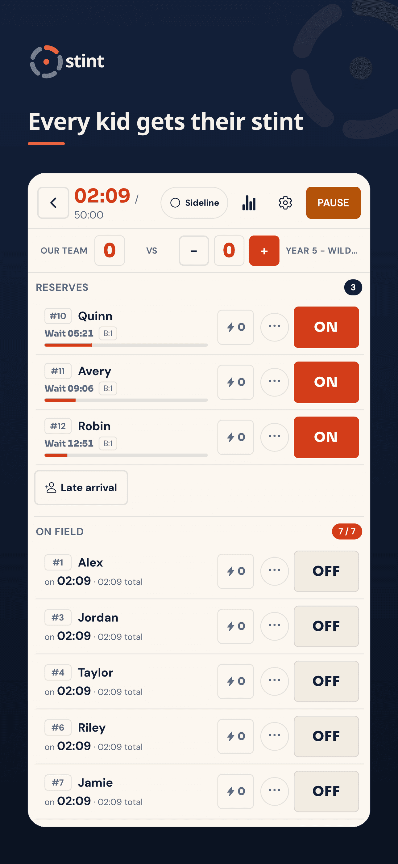 Stint live match screen — reserves waiting with their bench time and the players on the field, so every kid gets their stint.